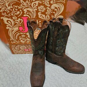 Womens Justin Stampede Western Boot Brown Distressed Leather with Blue Stitch